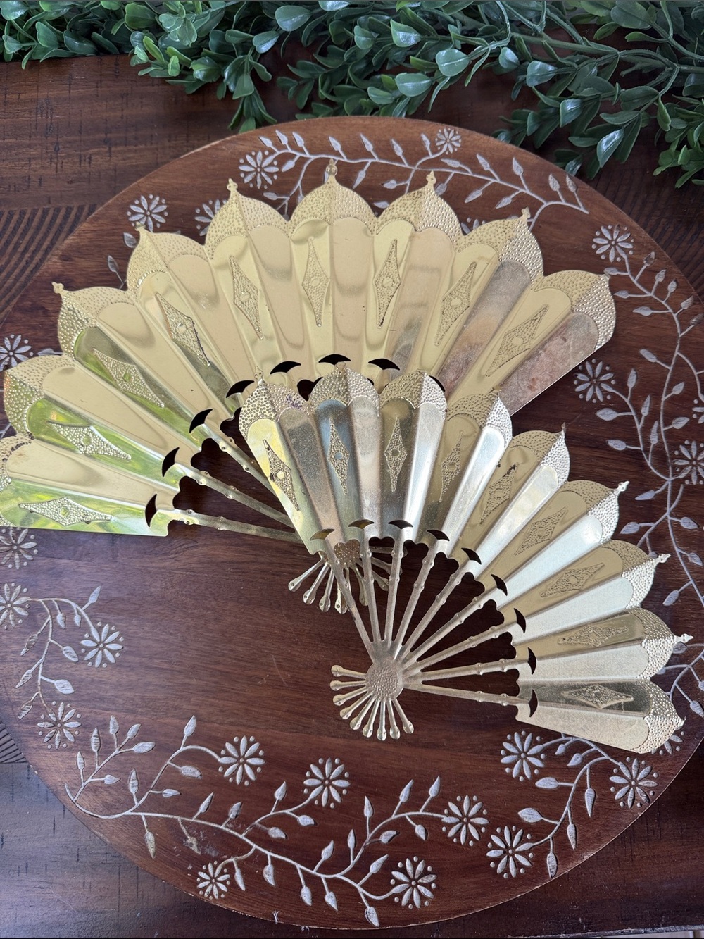 Set of 2 Vintage Decorative Brass Hand Fan - Gold Finish